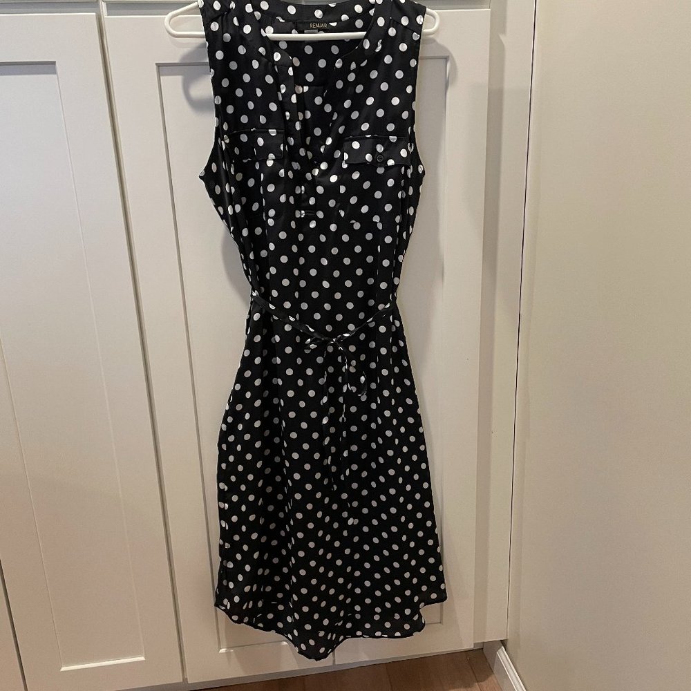 Renuar, casual dress, navy blue with white polka dots, size medium with belt.